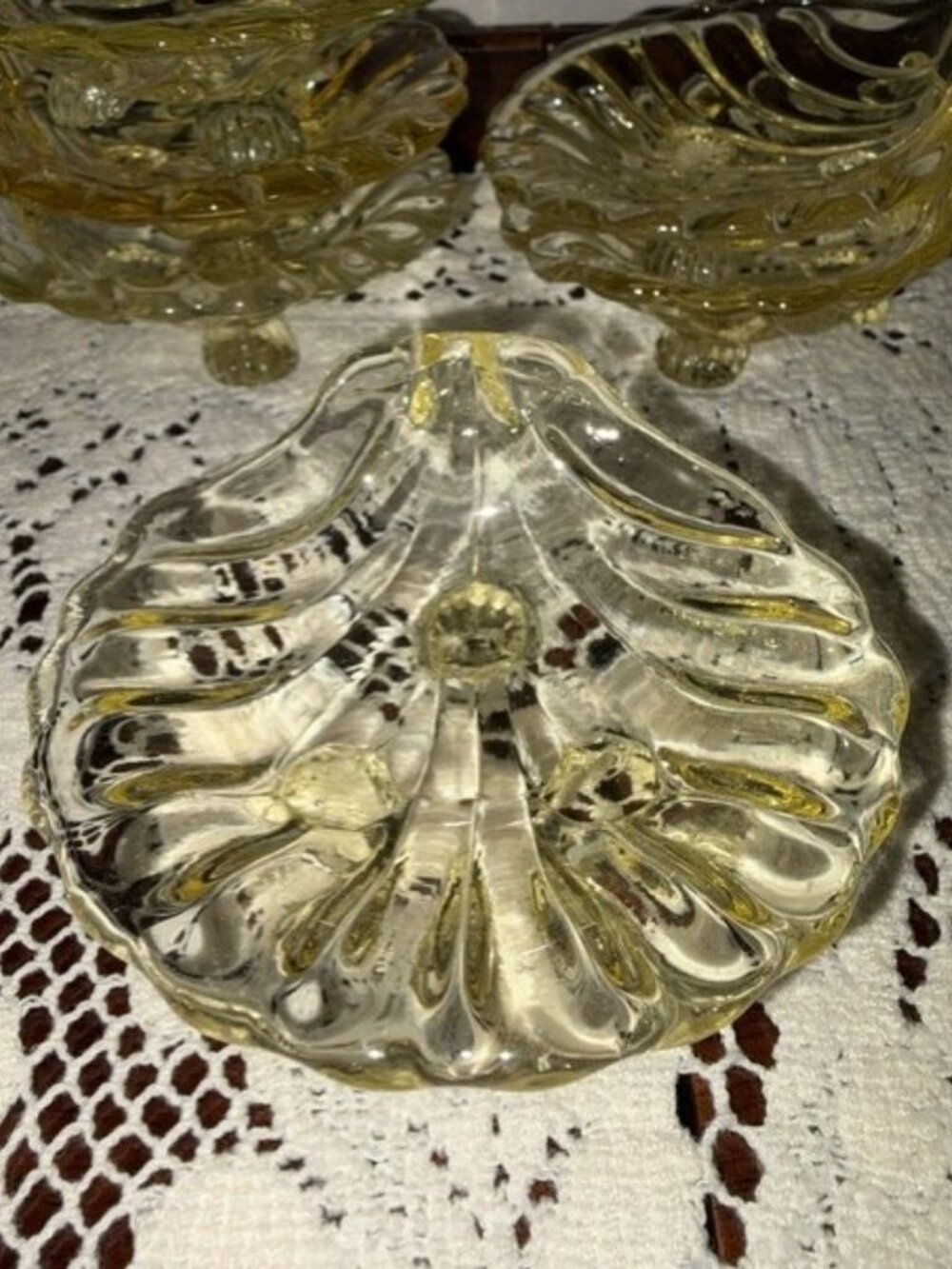 Lot of 6 Cambridge Glass Caprice Vaseline Yellow Footed Shell Salts/Dishes